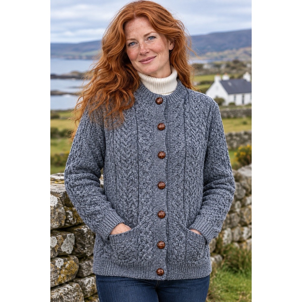 Aran Irish Fisherman 100% Merino Wool Blue Gray Womens Cardigan Sweater Medium
